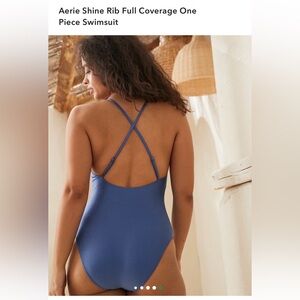 NWT M LONG aerie Shine Ribbed Crossback One-Piece Swimsuit - Blue